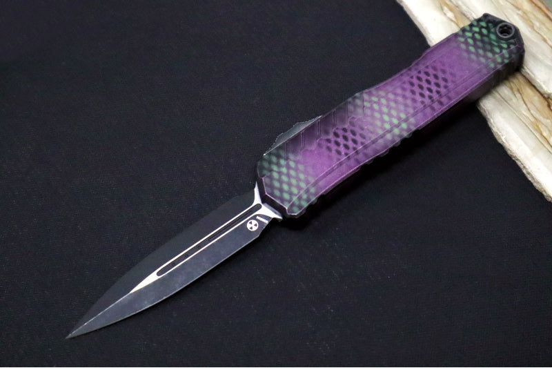 Microtech Cypher II OTF - Dagger Blade / Blackwash Finish / Purple X-51 Anodized Aluminum Handle 1242-1PUX51S