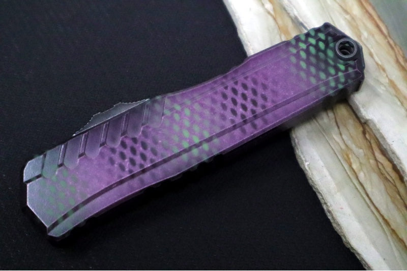 Microtech Cypher II OTF - Dagger Blade / Blackwash Finish / Purple X-51 Anodized Aluminum Handle 1242-1PUX51S