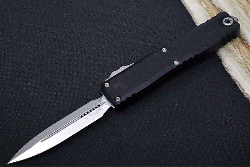 Microtech Ultratech ZBP (Zero Blade Play) OTF - Stonewash Finish / Dagger Blade / Black Anodized Aluminum Handle 1122-10