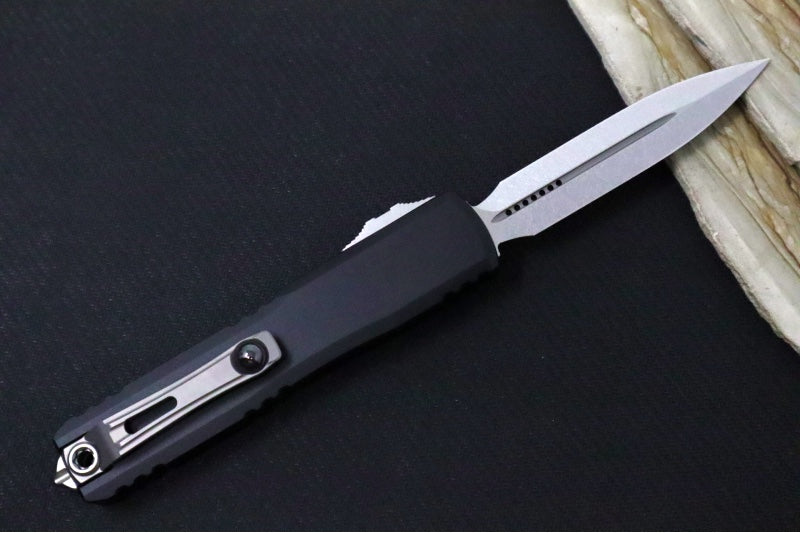 Microtech Ultratech ZBP (Zero Blade Play) OTF - Stonewash Finish / Dagger Blade / Black Anodized Aluminum Handle 1122-10