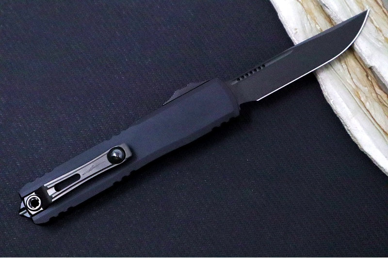 Microtech Ultratech ZBP (Zero Blade Play) OTF Signature Series - DLC Black Shadow Finish / Single Edge / Black Anodized Aluminum Handle 1121-1DLCTSH