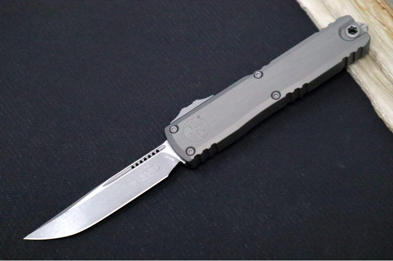 Microtech Ultratech ZBP (Zero Blade Play) OTF - Apocalyptic Finish / Single Edge / Natural Clear Anodized Aluminum Handle 1121-10APNC