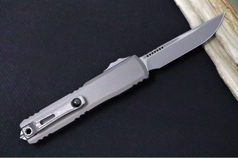 Microtech Ultratech ZBP (Zero Blade Play) OTF - Apocalyptic Finish / Single Edge / Natural Clear Anodized Aluminum Handle 1121-10APNC