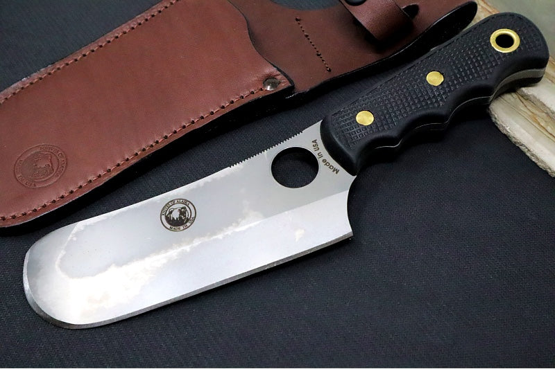 Knives of Alaska Brown Bear Fixed Blade - Black Surgrip Handle / D2 Tool Steel / Rounded Cleaver Blade / Brown Leather Sheath 00001FG