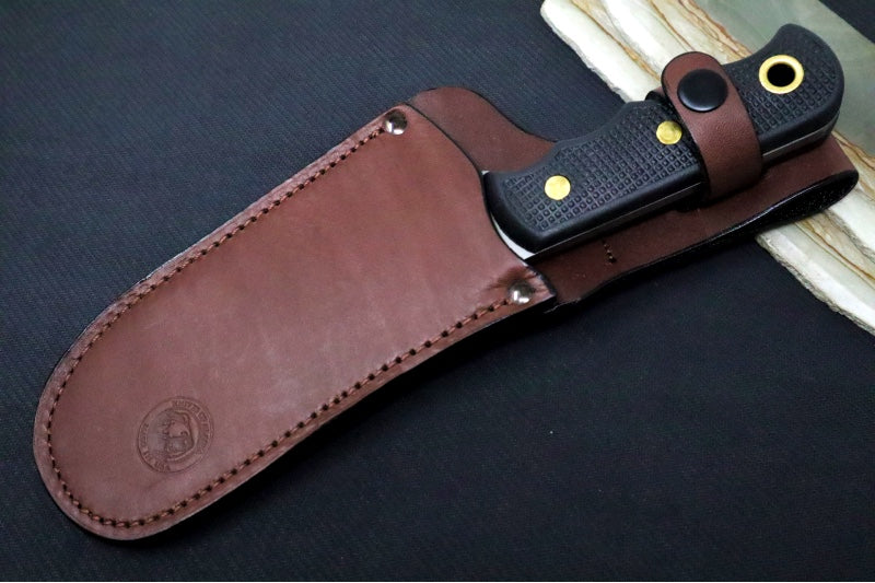 Knives of Alaska Brown Bear Fixed Blade - Black Surgrip Handle / D2 Tool Steel / Rounded Cleaver Blade / Brown Leather Sheath 00001FG