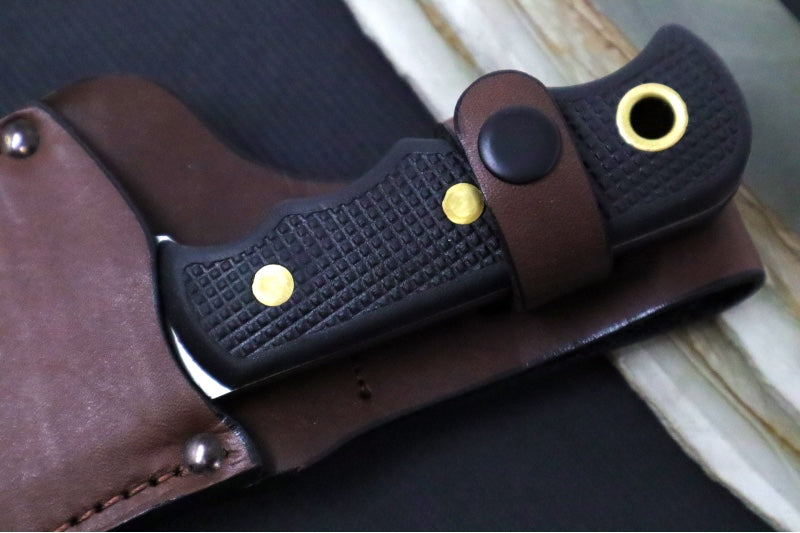 Knives of Alaska Brown Bear Fixed Blade - Black Surgrip Handle / D2 Tool Steel / Rounded Cleaver Blade / Brown Leather Sheath 00001FG