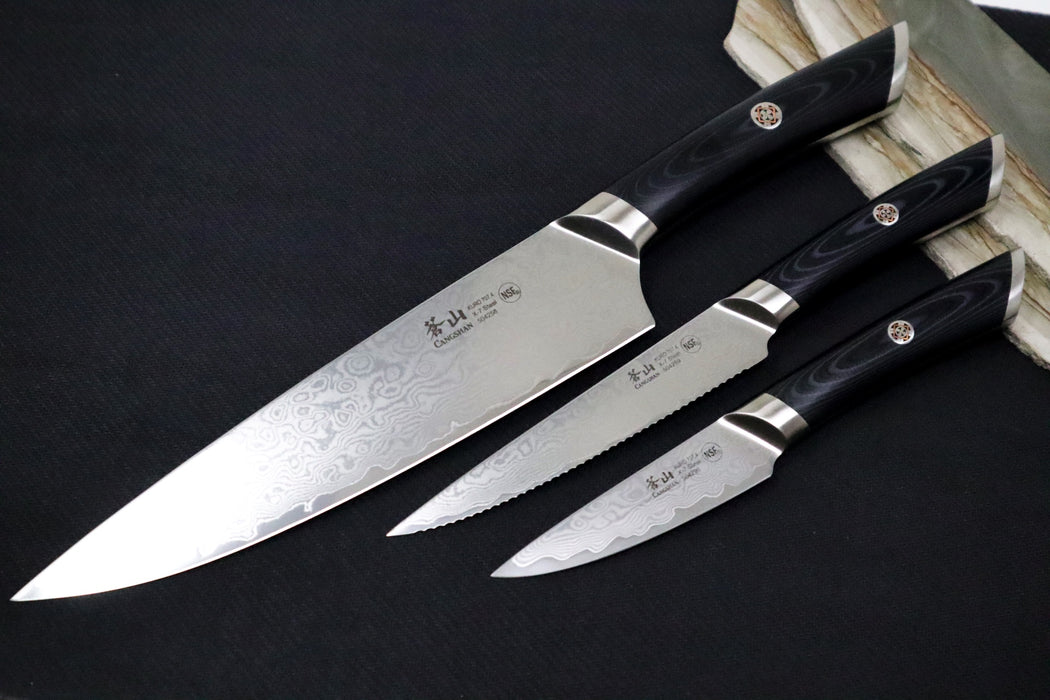 Cangshan Cutlery KURO Series 3pc Starter Set - Forged X-7 Damascus - Ashwood Magnetic Sheath 504319