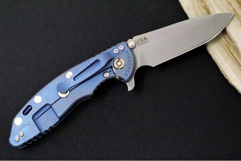 Rick Hinderer Knives XM-18 - 3.5" Spanto Blade / Stonewash Finish / Black G-10 & Battle Blue Titanium Handle