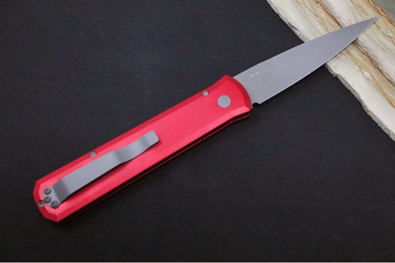 Pro Tech Godfather Auto - Red Anodized Aluminum Handle / Blasted Bead Blade 920-Red