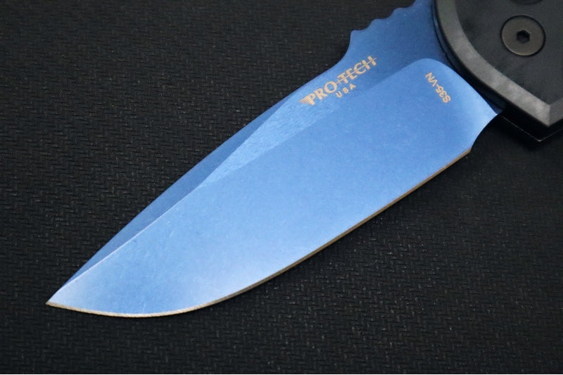 Pro Tech Rockeye Auto - Textured Black Aluminum Handle / Pearl Push Button / Blue Sapphire PVD Blade / CPM-S25VN Steel Blade LG307-SB