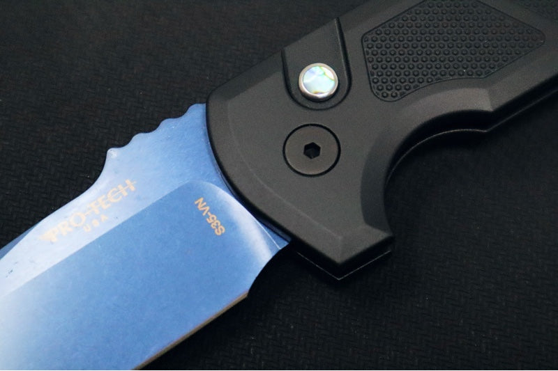 Pro Tech Rockeye Auto - Textured Black Aluminum Handle / Pearl Push Button / Blue Sapphire PVD Blade / CPM-S25VN Steel Blade LG307-SB - Northwest Knives