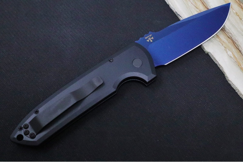Pro Tech Rockeye Auto - Textured Black Aluminum Handle / Pearl Push Button / Blue Sapphire PVD Blade / CPM-S25VN Steel Blade LG307-SB