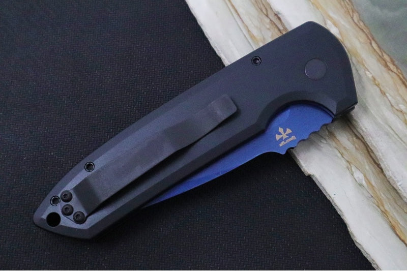 Pro Tech Rockeye Auto - Textured Black Aluminum Handle / Pearl Push Button / Blue Sapphire PVD Blade / CPM-S25VN Steel Blade LG307-SB