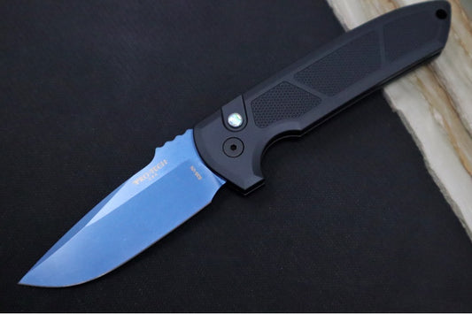 Pro Tech Rockeye Auto - Textured Black Aluminum Handle / Pearl Push Button / Blue Sapphire PVD Blade / CPM-S25VN Steel Blade LG307-SB