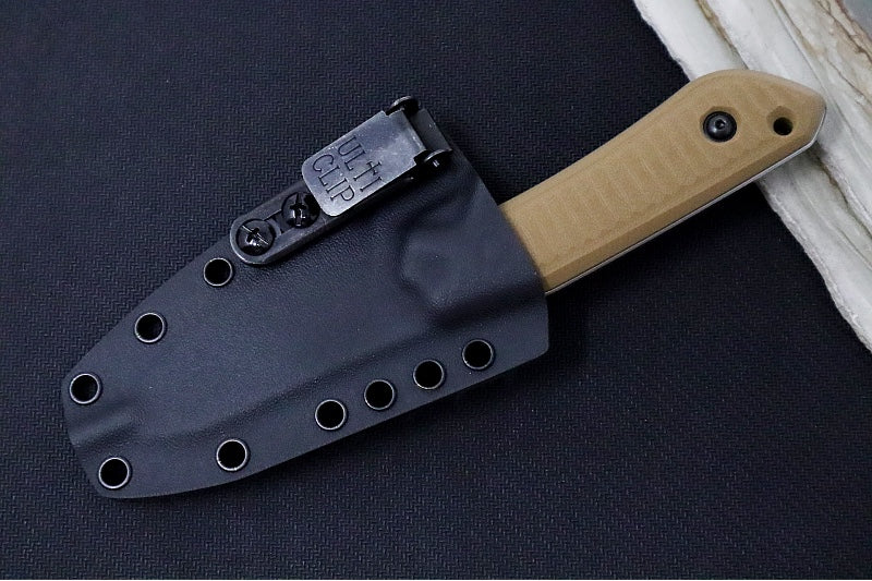 Schwarz Designs Overland X - Coyote Tan G-10 Handle / CPM-Magnacut Steel / Stonewash Finish / Black Kydex Sheath