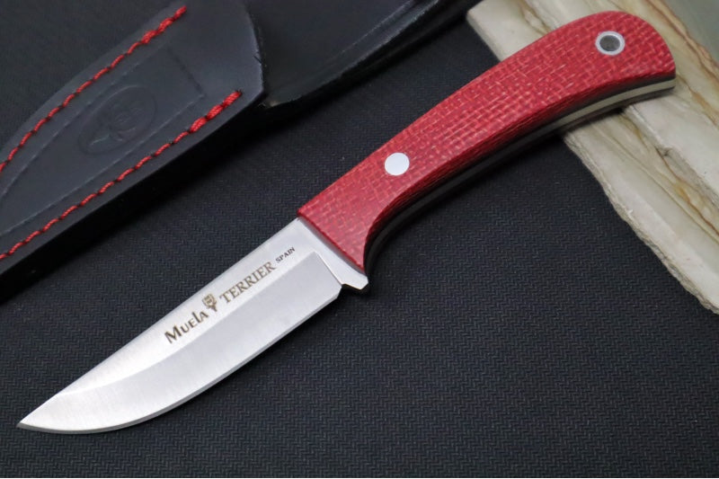 Muela Knives Terrier-9Y Fixed Blade - Raspberry Jute Micarta Handle / Sandvick 14C28N Blade / Leather Sheath