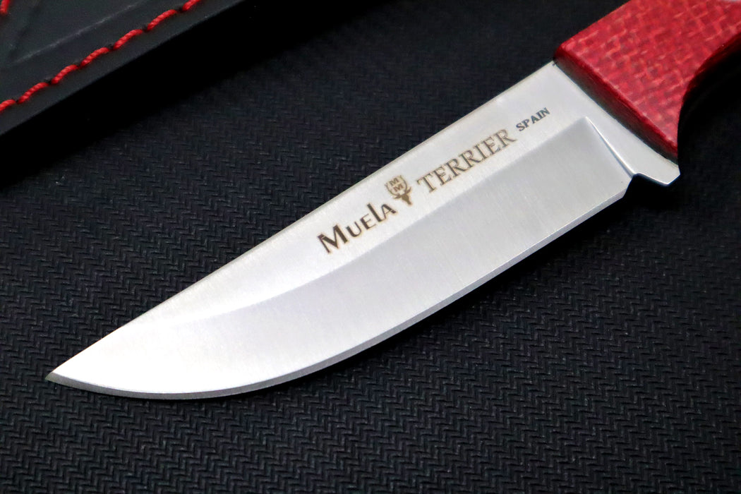 Muela Knives Terrier-9Y Fixed Blade - Raspberry Jute Micarta Handle / Sandvick 14C28N Blade / Leather Sheath