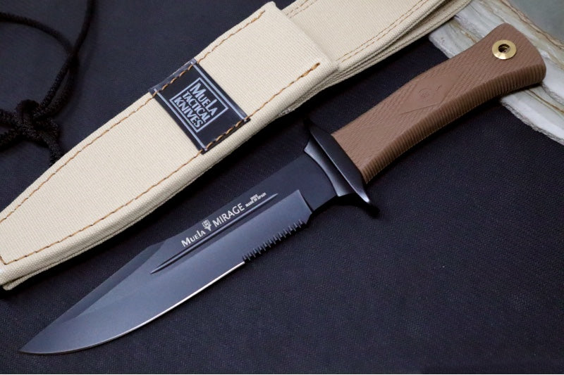 Muela Knives Mirage-18NM Fixed Blade - Brown Kraton Handle / Black X50CrMoV15 Stainless Blade / Natural/Light Tan Canvas Sheath