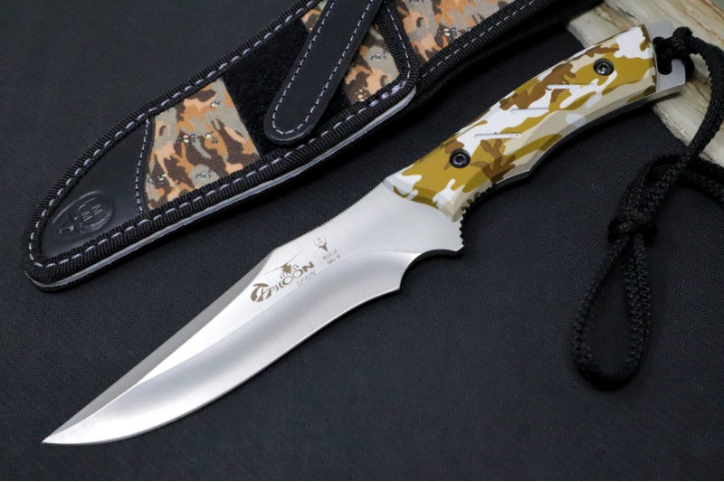 Muela Knives Typhoon-DES Fixed Blade - Desert Camo Rubber Handle / Satin Stainless Blade / Black & Camo Cordura Sheath - Northwest Knives