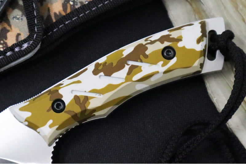 Muela Knives Typhoon-DES Fixed Blade - Desert Camo Rubber Handle / Satin Stainless Blade / Black & Camo Cordura Sheath - Northwest Knives