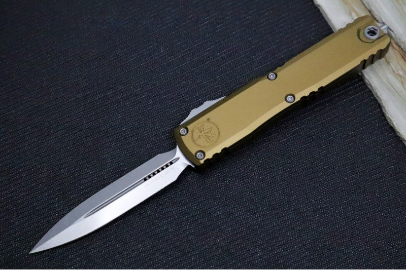 Microtech Ultratech Gen IV OTF - Stonewash Finish / Dagger Blade / Tan Anodized Aluminum Handle 11224-10TA