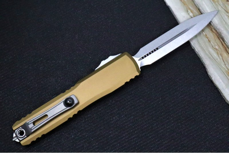 Microtech Ultratech Gen IV OTF - Stonewash Finish / Dagger Blade / Tan Anodized Aluminum Handle 11224-10TA