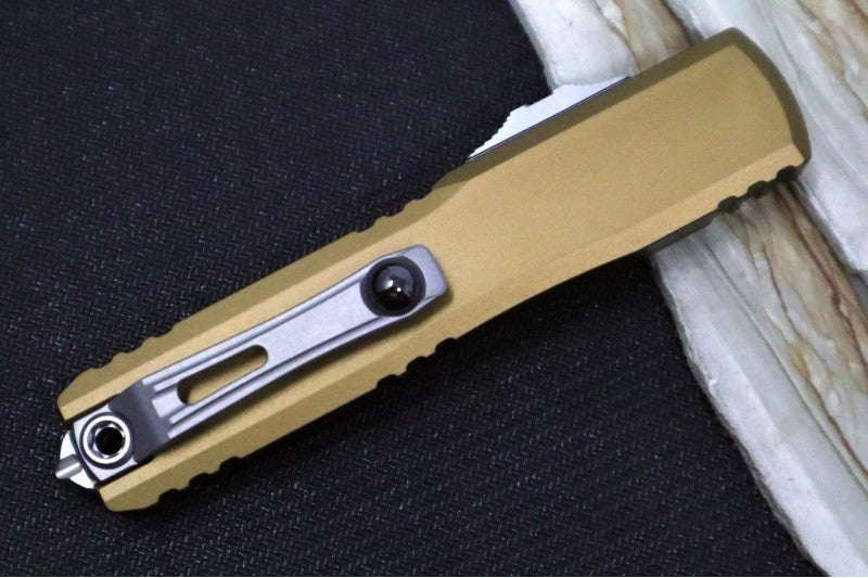 Microtech Ultratech Gen IV OTF - Stonewash Finish / Dagger Blade / Tan Anodized Aluminum Handle 11224-10TA - Northwest Knives