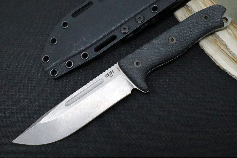 Reiff Knives Vicon Fixed Blade - Black Canvas Micarta Handle / CPM-Magnacut Steel / Stonewashed Clip Point Blade / Black Kydex Sheath