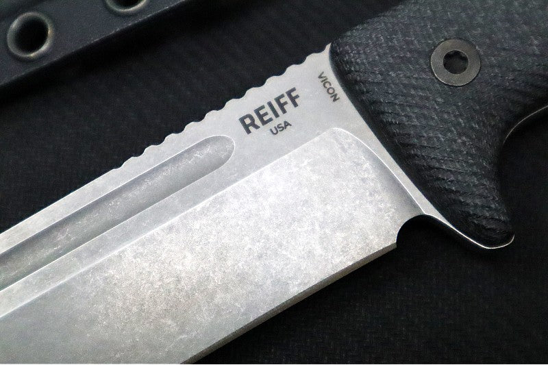 Reiff Knives Vicon Fixed Blade - Black Canvas Micarta Handle / CPM-Magnacut Steel / Stonewashed Clip Point Blade / Black Kydex Sheath