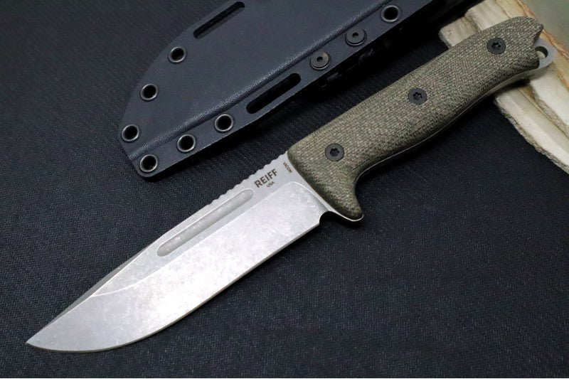 Reiff Knives Vicon Fixed Blade - Green Canvas Micarta Handle / CPM-Magnacut Steel / Stonewashed Clip Point Blade / Black Kydex Sheath