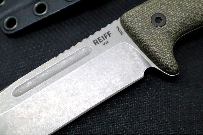 Reiff Knives Vicon Fixed Blade - Green Canvas Micarta Handle / CPM-Magnacut Steel / Stonewashed Clip Point Blade / Black Kydex Sheath