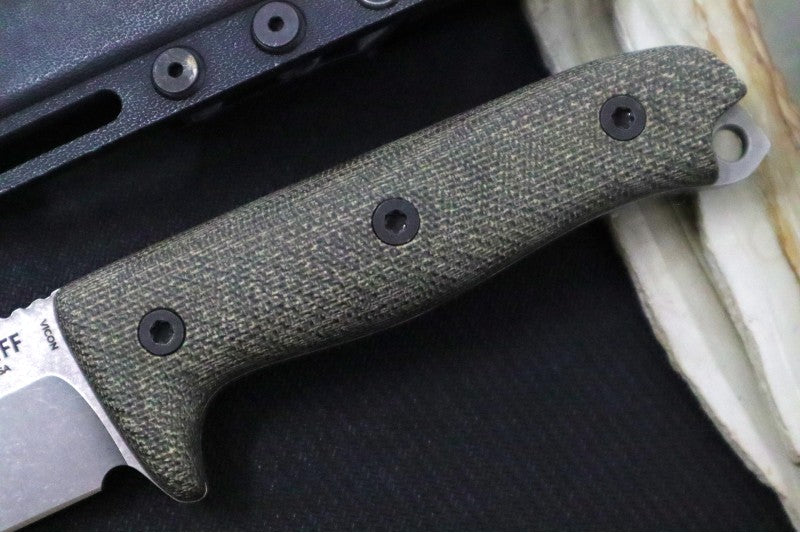 Reiff Knives Vicon Fixed Blade - Green Canvas Micarta Handle / CPM-Magnacut Steel / Stonewashed Clip Point Blade / Black Kydex Sheath
