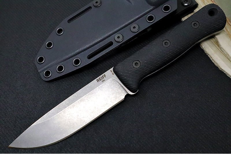 Reiff Knives F5 GEN2 Fixed Blade - Black Canvas Micarta Handle / CPM-Magnacut Steel / Stonewashed Drop Point Blade / Black Kydex Sheath