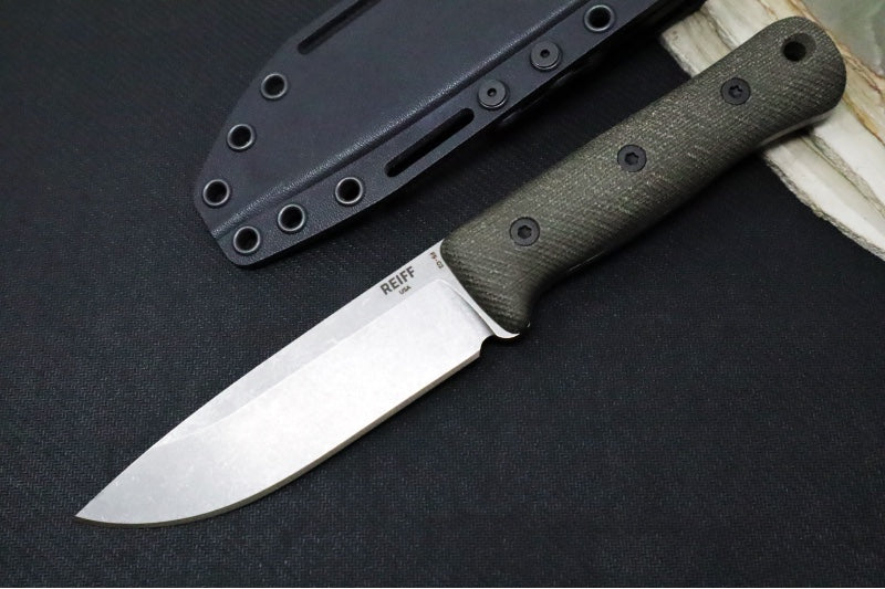 Reiff Knives F5 GEN2 Fixed Blade - Green Canvas Micarta Handle / CPM-Magnacut Steel / Stonewashed Drop Point Blade / Black Kydex Sheath