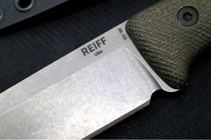 Reiff Knives F5 GEN2 Fixed Blade - Green Canvas Micarta Handle / CPM-Magnacut Steel / Stonewashed Drop Point Blade / Black Kydex Sheath