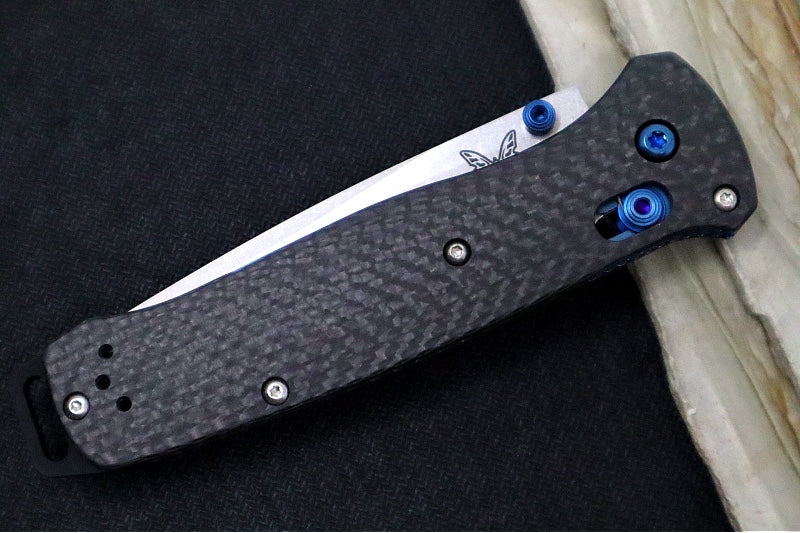 Benchmade 537-09 Bailout - M390 Steel / Tanto Blade/ Stonewash Finish / Black Carbon Fiber Handle with Blue Accents
