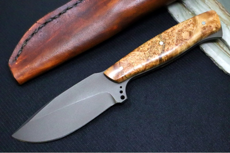 Emery Custom Knives Fixed Blade 4" - Amboyna Wood Handle / CPM-S35VN Blade / Hand-Stitched Brown Leather Sheath ZC00062539