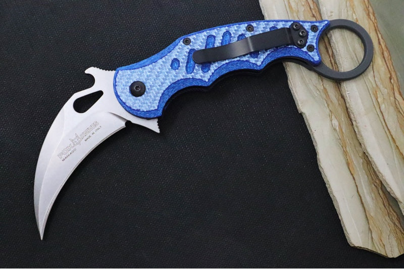 Fox Knives Karambit - Blue Twill Carbon Fiber Handle / Stonewashed N690Co Blade / Emerson Wave - FOX479BLTSW