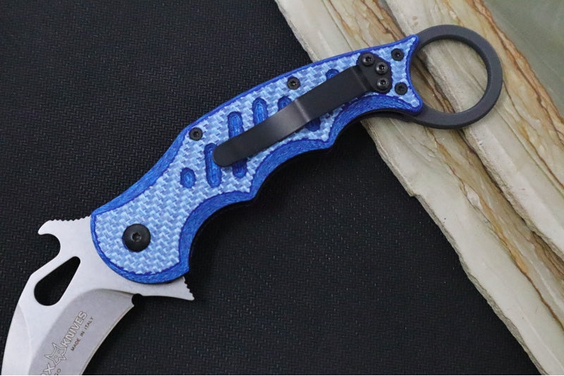 Fox Knives Karambit - Blue Twill Carbon Fiber Handle / Stonewashed N690Co Blade / Emerson Wave - FOX479BLTSW