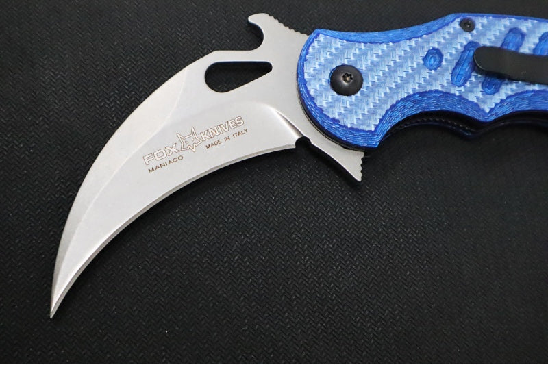 Fox Knives Karambit - Blue Twill Carbon Fiber Handle / Stonewashed N690Co Blade / Emerson Wave - FOX479BLTSW - Northwest Knives