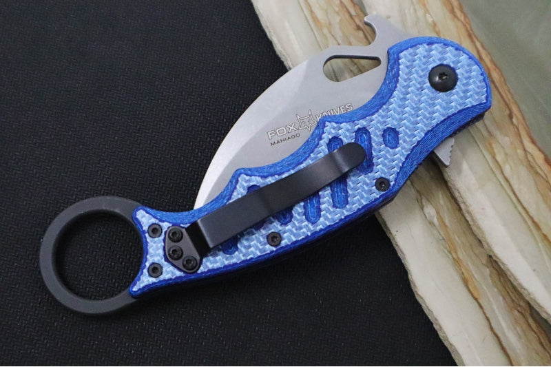Fox Knives Karambit - Blue Twill Carbon Fiber Handle / Stonewashed N690Co Blade / Emerson Wave - FOX479BLTSW - Northwest Knives