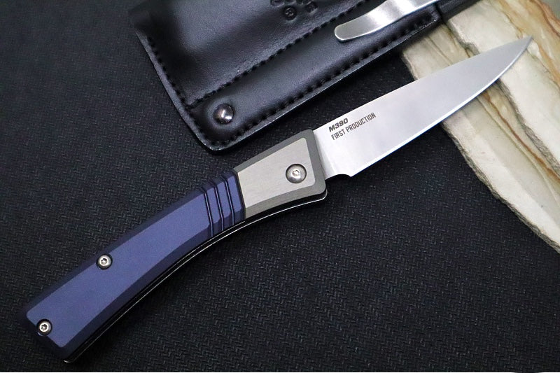 Benchmade 315 Successor - M390 Steel / Spearpoint Blade/ Satin Finish / Crater Blue Anodized Aluminum & Ash Grey Aluminum Bolsters - Northwest Knives