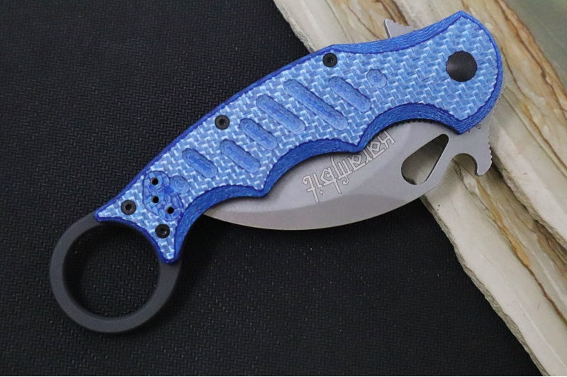 Fox Knives Karambit - Blue Twill Carbon Fiber Handle / Stonewashed N690Co Blade / Emerson Wave - FOX479BLTSW