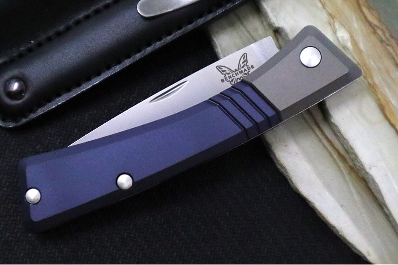 Benchmade 315 Successor - M390 Steel / Spearpoint Blade/ Satin Finish / Crater Blue Anodized Aluminum & Ash Grey Aluminum Bolsters