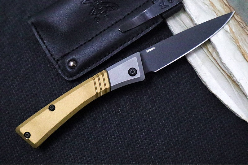 Benchmade 315BK-01 Successor - M390 Steel / Spearpoint Blade/ Black DLC Finish / Burnt Brass Anodized Aluminum & Ash Gray Aluminum Bolsters - Northwest Knives