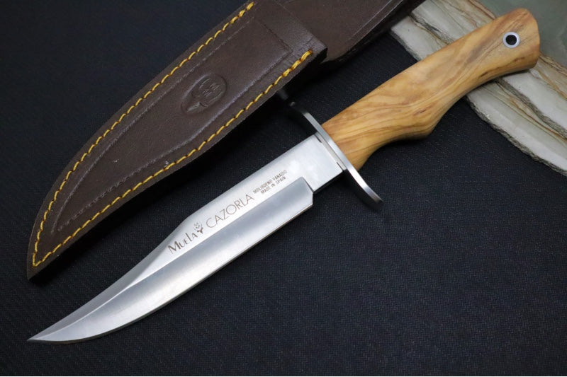 Muela Knives CAZ-16.OL Fixed Blade - Olive Wood Stabilized Handle / Satin 50CrMoV15 Stainless Bowie Blade / Brown Leather Sheath - Northwest Knives