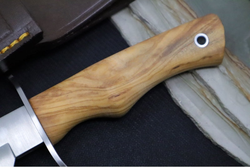 Muela Knives CAZ-16.OL Fixed Blade - Olive Wood Stabilized Handle / Satin 50CrMoV15 Stainless Bowie Blade / Brown Leather Sheath - Northwest Knives