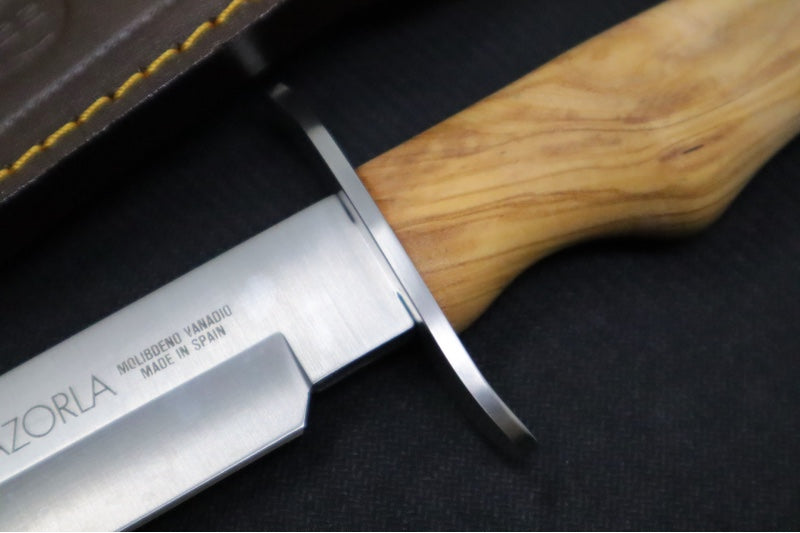 Muela Knives CAZ-16.OL Fixed Blade - Olive Wood Stabilized Handle / Satin 50CrMoV15 Stainless Bowie Blade / Brown Leather Sheath