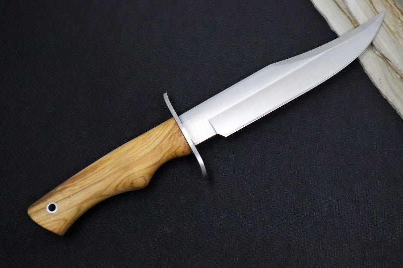 Muela Knives CAZ-16.OL Fixed Blade - Olive Wood Stabilized Handle / Satin 50CrMoV15 Stainless Bowie Blade / Brown Leather Sheath - Northwest Knives