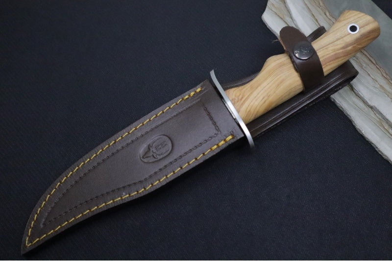 Muela Knives CAZ-16.OL Fixed Blade - Olive Wood Stabilized Handle / Satin 50CrMoV15 Stainless Bowie Blade / Brown Leather Sheath - Northwest Knives